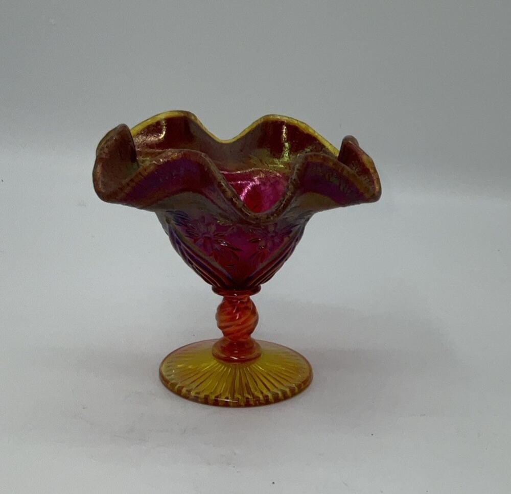 Fenton Red Iridescent Stretch Glass Compote Footed Candy Dish w/ Floral Design
